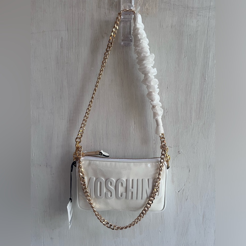 MOSCHINO Patent Leather Logo Shoulder Bag White - Picture 3 of 14